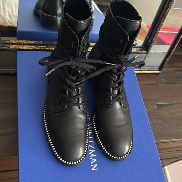 Stuart Weitzman Sondra Smooth Black Leather Combat Boots - Picture 3 of 8